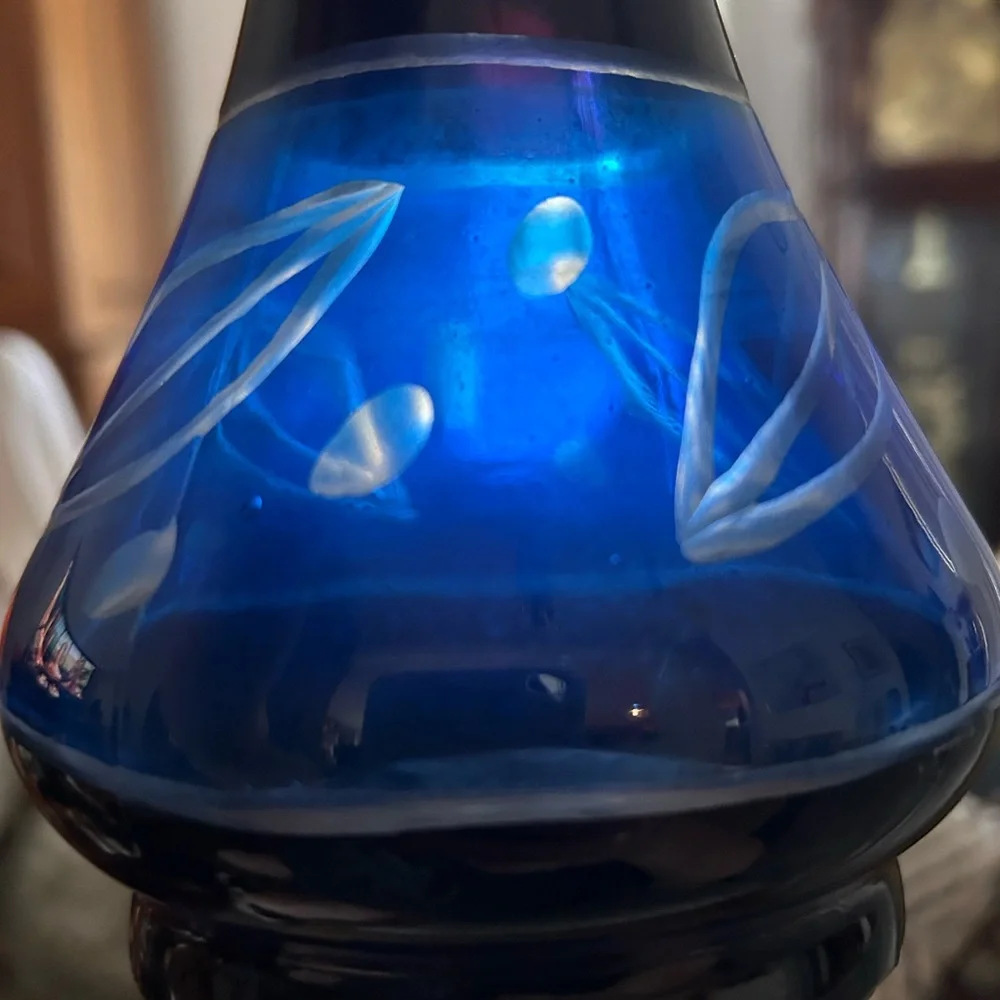 Blue Glass Vase with Leaf Design
